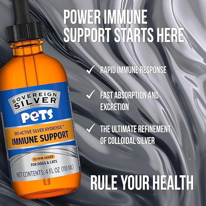 Sovereign Silver Pets Immune Support - Colloidal Silver, Bio-Active Silver Hydrosol, for Dogs and Cats 10 ppm, Liquid Dropper, 4 Fl Oz, (118 mL)