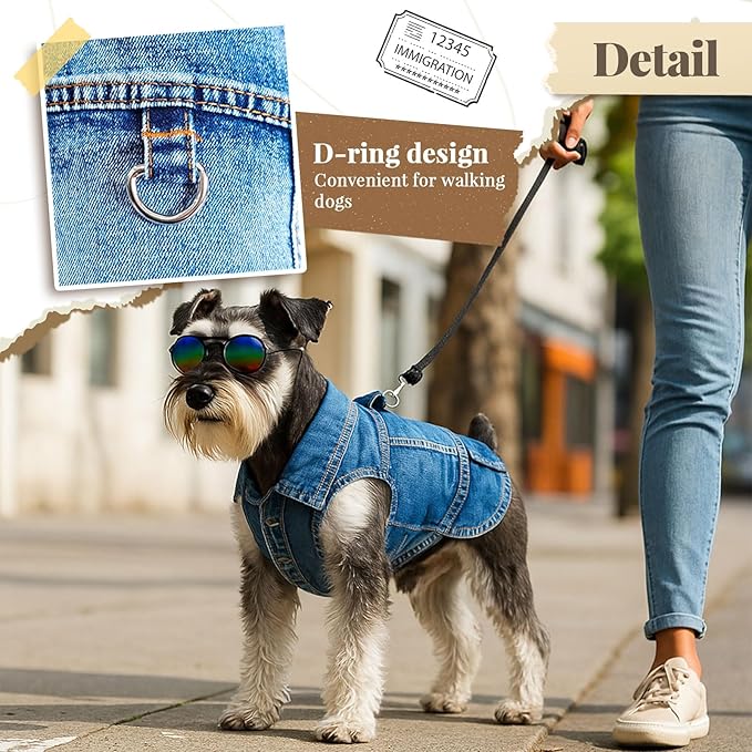 Cool Dog Jean Jacket Vest with D-Ring Blue Denim Dogs Outfits for Small Medium Dogs Cats Boy Male Dog Clothes Costume Dogggie Puppy Harness Coat for Frenchie Walking(Blue with D-Ring,XXL)