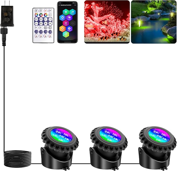 T-SUN Colored Underwater Pond Lights with APP & Remote Control 3 Pack | IP68 Waterproof Submersible Fountain Lights, Dimmable Timer Pond Lights Led Underwater for Outdoor Pond Fish Aquarium Garden