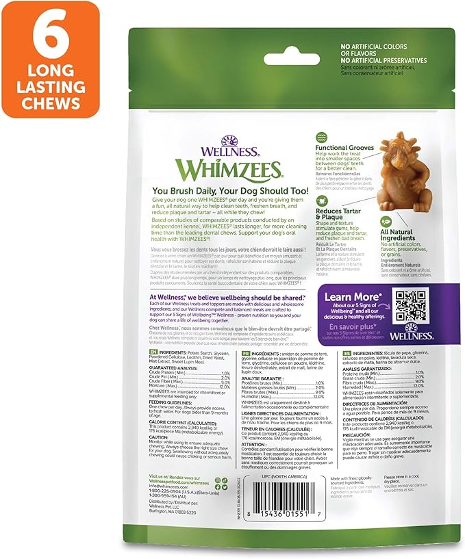 Wellness WHIMZEES Hedgehog Dog Dental Treat, Chews, Freshens Breath, Large Size, 12.7 oz Bag, 6 Count