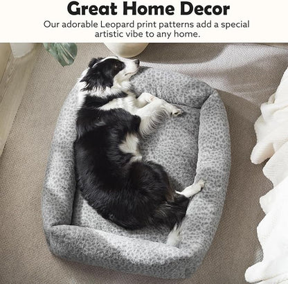 JOEJOY Dog Bed Medium Size Dog, Removable Washable Cover Orthopedic Soft Pet Bed, Anti-Slip Fluffy Plush Faux Rabbit Fur Puppy Bed, 30"x24"x8", Leopard Print, Grey