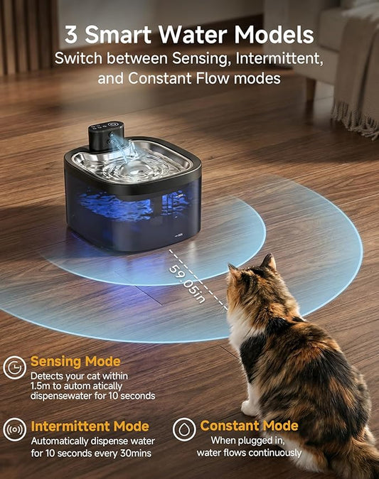 Cat Water Fountain Cordless: Battery Operated 118oz/3.5L Pet Water Fountain for Cats Indoor with Motion Sensor, Stainless Steel Tray, Ultra Quiet, Easy-to-Clean, Gifts for Cats, Dogs (8Filters)