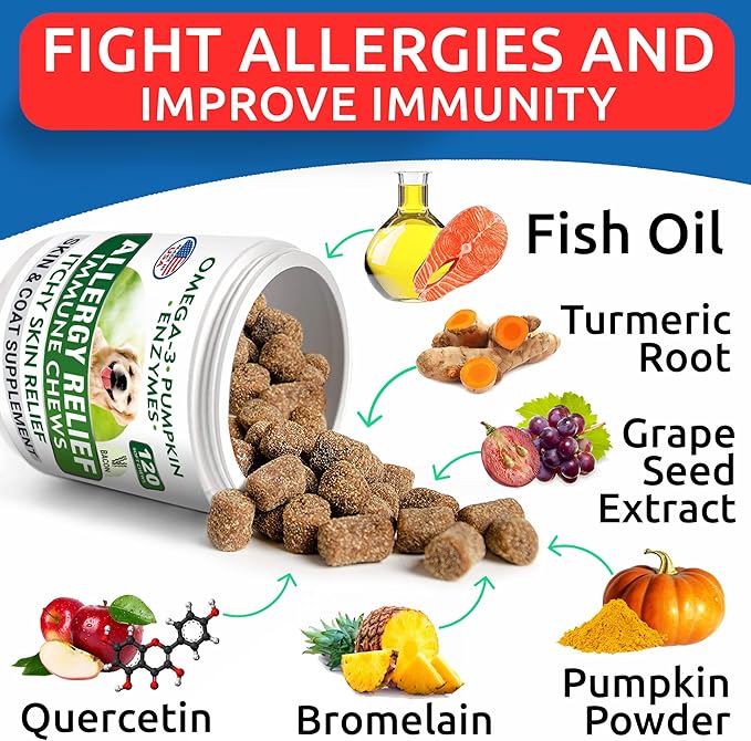 BARK&SPARK Dog Allergy Relief Soft Chews for Skin Health & Seasonal Allergies - Anti-Itch Supplement w/Omega-3, Quercetin & Bromelain Immune Treats for Dry Skin & Hot Spots - Bacon - 240ct