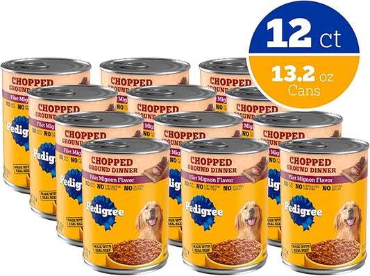 Pedigree Chopped Ground Dinner Adult Soft Wet Dog Food with Filet Mignon Dinner, Canned Dog Food, 13.2 oz. Cans, 12 Count