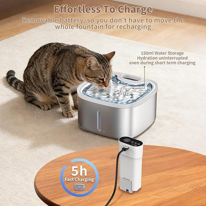 Cat Water Fountain Stainless Steel Wireless 118oz/3.5L–Cordless Battery-Operated Pet Water Dispenser with All-in-One Rechargeable Pump, Quiet Indoor Fountain for Cats & Dogs (Fountain+2Filters)