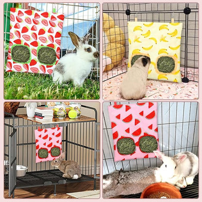 UPINS 3 Hay Bag for Rabbits 2-Hole Hanging Hay Feeder Guinea Pig Hay Bags, Hay Feeder for Rabbits Chinchillas Hamsters Small Pets and Animals(Fruit Pattern)
