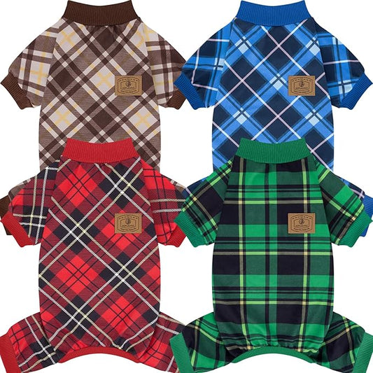XPUDAC 4 Pack Dog Pajamas Plaid Dog Clothes for Small Medium Dogs Girl Boy Comfy Puppy Onesie Pet Christmas Outfit Cat Pjs Jammies, XL