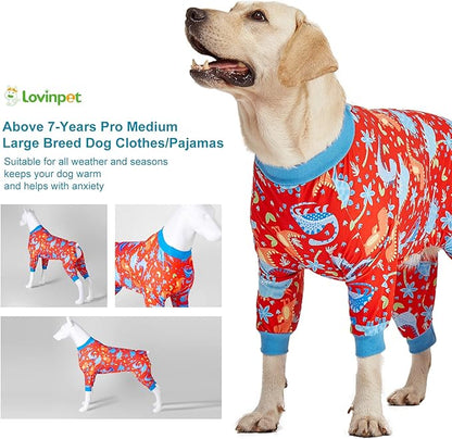 LovinPet Pitbull Dog Pajamas, Large Dog Onesies for Surgery Care, Lightweight Stretchy Knit Fabric, Dinosaur Jungle Red Print, Pet Clothes, UV Protection, Pet Anxiety Relief, PJ's for Dogs, M