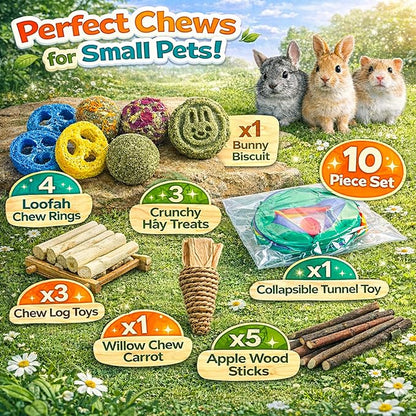 Mechpia Rabbit Toys, Bunny Tunnels and Tubes with Chew Toys for Grinding Teeth Apple Sticks Bamboo Carrot Loofah and Grass Ball for Rabbit Guinea Pig Chinchilla Ferret Rat