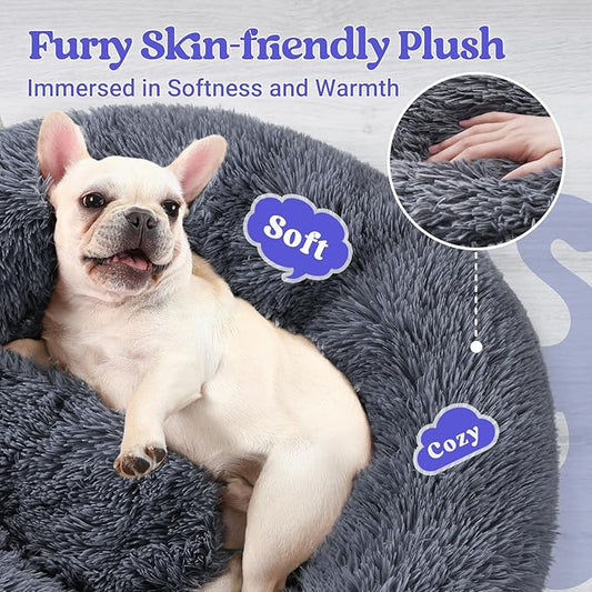 rabbitgoo Dog Bed for Small, 24 inches Machine Washable, Fluffy Donut Pet Bed Anti-Slip, Calming Soft Plush Round Cushion, Fits up to 18 lbs Pets, Dark Grey