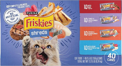 Purina Friskies Wet Cat Food Variety Pack, Shreds With Beef, Turkey and Cheese Dinner, Chicken and Salmon Dinner, and With Ocean Whitefish and Tuna - (Pack of 40) 5.5 oz. Cans