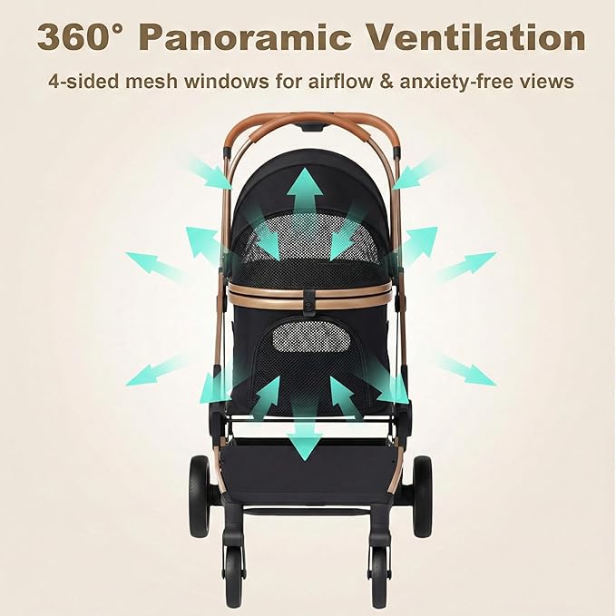 Dog Stroller with Detachable Carrier, Luxury 5 in 1 Pet Stroller for Small Dogs & Cats, Lightweight Foldable Cat Stroller with 360° Rotating Wheels, Travel Friendly, Detachable Pet Car Seat