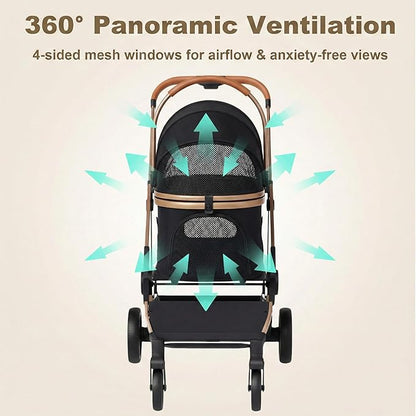 Dog Stroller with Detachable Carrier, Luxury 5 in 1 Pet Stroller for Small Dogs & Cats, Lightweight Foldable Cat Stroller with 360° Rotating Wheels, Travel Friendly, Detachable Pet Car Seat