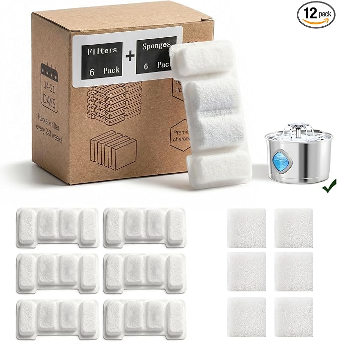 12 Packs Replacement Filters for LUMOVET 2.8L Cat Water Fountain | 6 Pack Filters + 6 Pack Sponges 4 Months Set