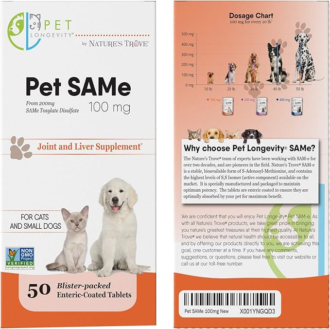 Same 100 mg Pet Supplements – Liver and Joint Support for Cats, Small Dogs with Elevated Enzymes – S Adenosyl Methionine - 50 Gluten Free Enteric Coated Tablets – Non GMO Certified