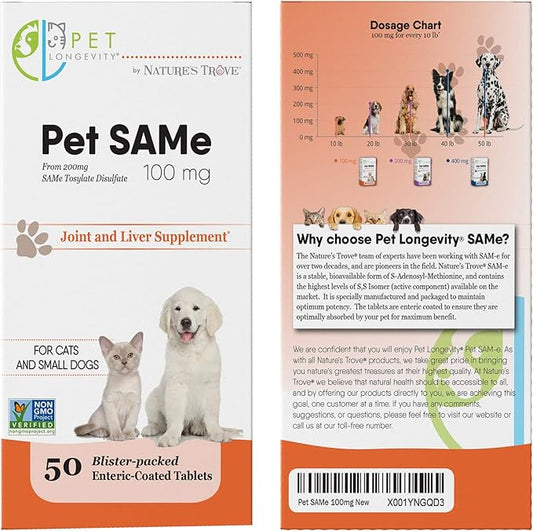 Same 100 mg Pet Supplements – Liver and Joint Support for Cats, Small Dogs with Elevated Enzymes – S Adenosyl Methionine - 50 Gluten Free Enteric Coated Tablets – Non GMO Certified