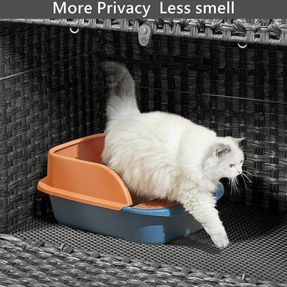 Cat Litter Box Enclosure Furniture Hidden, Pet House Litter Box Furniture for Large Cats, Handwoven Rattan with Door Cat Washroom Box, Indoor Cat House Storage with Soft Litter Mat, Grey