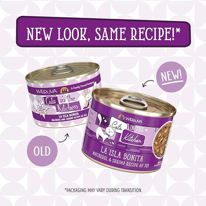 Weruva Cats in The Kitchen, La Isla Bonita with Mackerel & Shrimp Au Jus Cat Food, 6oz Can (Pack of 24)