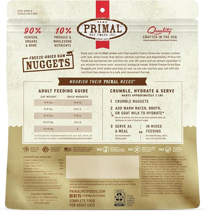 Primal Freeze Dried Raw Cat Food Nuggets Venison, Complete & Balanced Meal or Topper, Premium, Healthy, Grain Free, High Protein Raw Cat Food with Probiotics (14 oz)