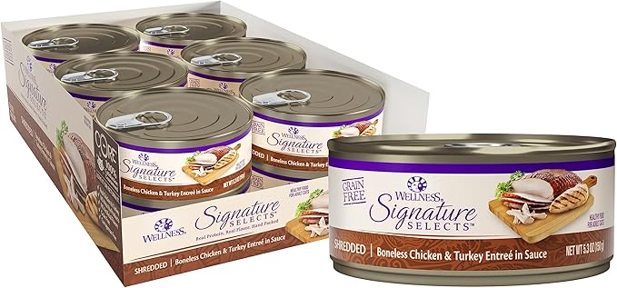 Wellness CORE Signature Selects Shredded Adult Canned Wet Cat Food, Natural, Protein Rich, Grain Free, Chicken and Turkey Entrée Recipe, 5.3 oz, Pack of 12 Cans