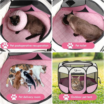 Siedihit Dog Cat Playpen, Puppy Pet Playpen Indoor for Small Dog Crate Tent Cage Outdoor, Portable Pop Up Dogs Enclosure Kennel with Carrying Case for Dogs/Cats/Rabbits(Pink, Small with pad)