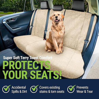 Season Guard Back Seat Towel Seat Cover for Cars; Great for After Gym Workouts, Dogs, and Outdoor Activities; Universal Fit for Cars SUVs Vans Trucks Rear Seats, EZ fit, Non Slip Grip, Tan