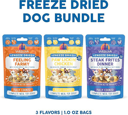Sampler of all Weruva Freeze Dried Dog Food Recipes, Feeling Farmy, Paw Lickin Chicken, and Steak Frites Dinner (3 Pack, 1oz Bags)