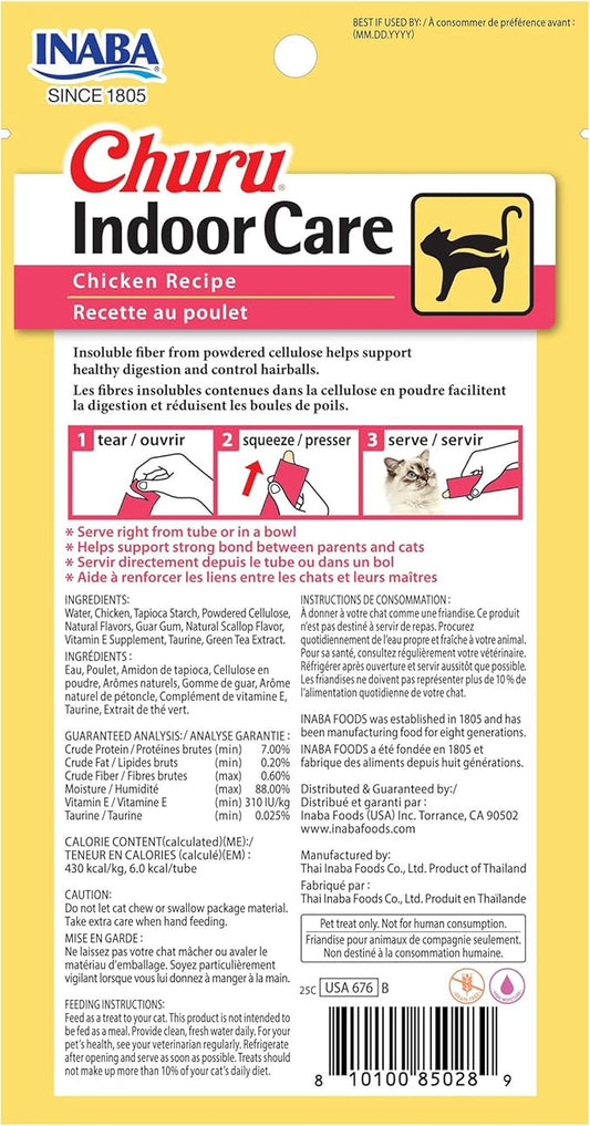 INABA Churu for Cats, Functional, Creamy Lickable Purée Cat Treat for Indoor Care and Hairball Control with Taurine & Vitamin E, 0.5 Ounces Each, 48 Tubes (4 per Pack), Chicken Recipe