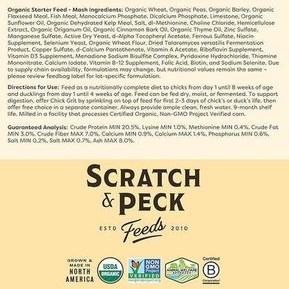 Scratch and Peck Feeds Whole Grain Starter Mash Chicken and Duck Feed - Corn-Free and Soy-Free - 20.5% Protein, Certified Organic and Non-GMO Project Verified Chicken Food - 50 lbs Bag