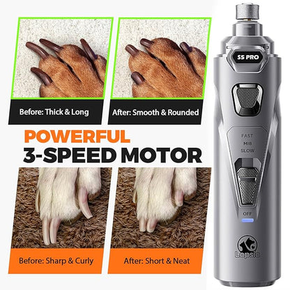 Whisper Quiet Dog Nail Grinder with 4 LED Lights, Safe & Stress-Free for Sensitive Dogs Cats of All Breeds & Sizes, 3 Grinding Bits, 3-Speed, Pet Nail Trimmers, Rechargeable Painless Grooming Kit Grey