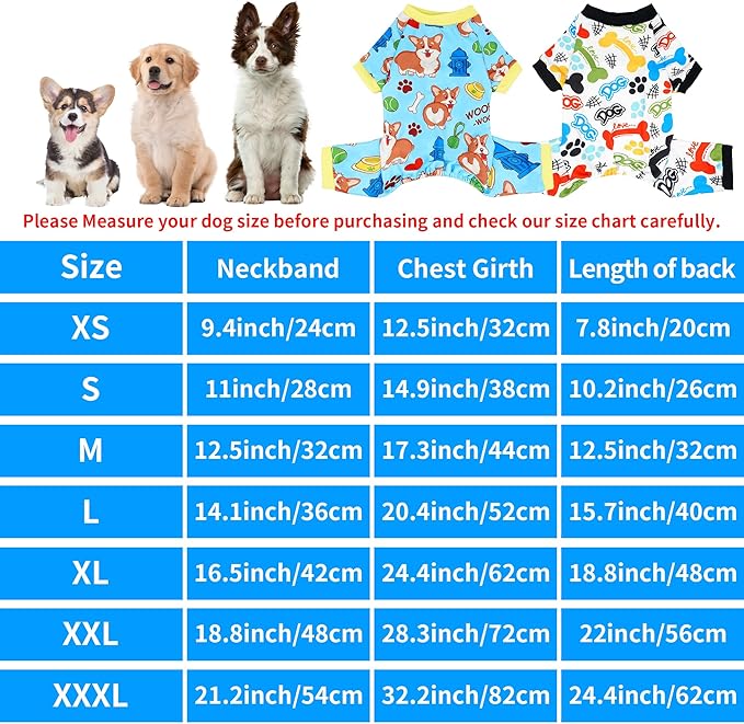 2PCS Dog Pajamas for XXXL Sized Dog Pjs Clothes Puppy Onesies Outfits Pet Jammies Boy Girl Male Female Apparel Soft Strechy Paw Bone XXXL