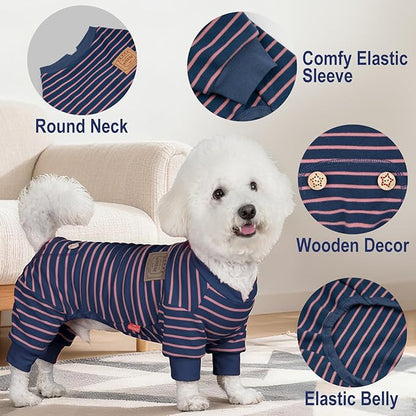 KYEESE Dog Pajamas, Soft Striped Pet Jumpsuit, Velvet Fleece Doggie Jammies, 4 Legs Dog Clothes, Stretchable Pajamas Cozy Outfit, Comfortable Onesie Sleepwear for Small Dogs,Navy Blue Striped, Large