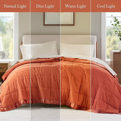 Madison Park Queen Blanket Quilted Microfiber, Satin Binding, 3M Scotchgard Moisture Wicking, Soft and Lightweight Summer Blanket for Couch, Windom, Full/Queen, Orange