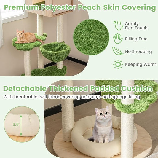 PETSITE 55 Inches Tall Wood Cat Tree, Multi-Level Modern Cat Tower with Sisal Scratching Posts, Condo, Side Hammock and Bed, Ideal for Indoor Cats
