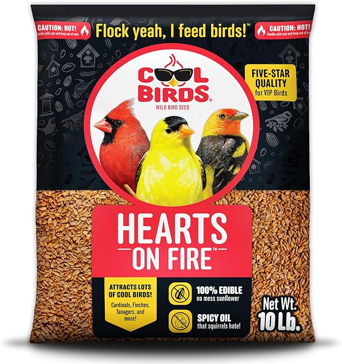Cool Birds Hearts on Fire Hot Bird Seed – 10 lb. 100% Hulled Sunflower Hearts with Chili Pepper Oil – No Waste Bird Seed for Outside Feeders
