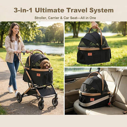 Dog Stroller with Detachable Carrier, Luxury 5 in 1 Pet Stroller for Small Dogs & Cats, Lightweight Foldable Cat Stroller with 360° Rotating Wheels, Travel Friendly, Detachable Pet Car Seat