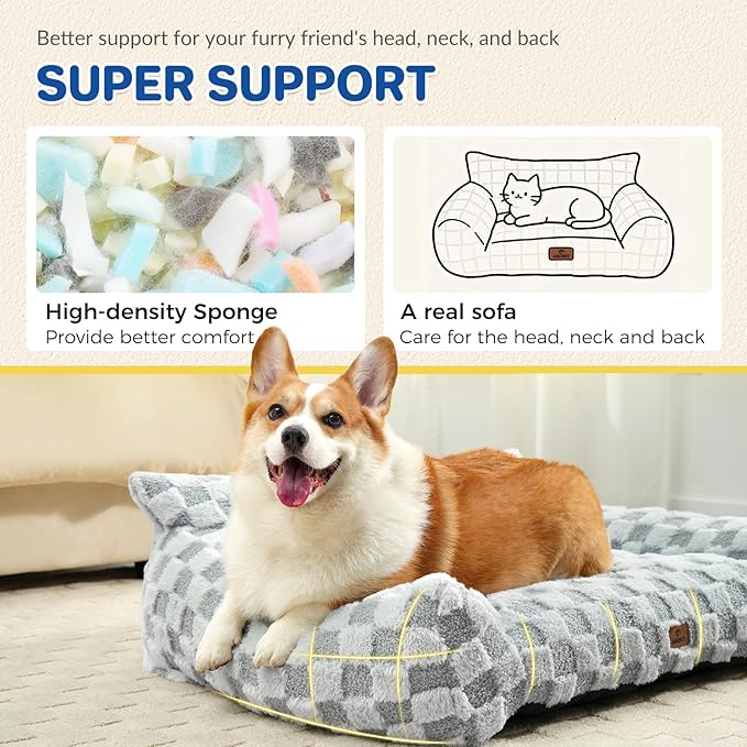 ABCPET Large Dog Bed Sofa, Fluffy Pet Bed for Medium and Large Dogs, Supportive Dog Couch Sofa for Dogs, Pet Sofas with Washable Cover & Non-Slip, 38 inch, Grey