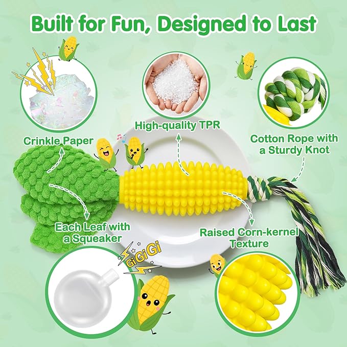 TOOPTATE Dog Chew Toys – Squeaky Corn Dog Toys to Keep Them Busy, Soft Durable Teething Toys for Medium and Large Dogs