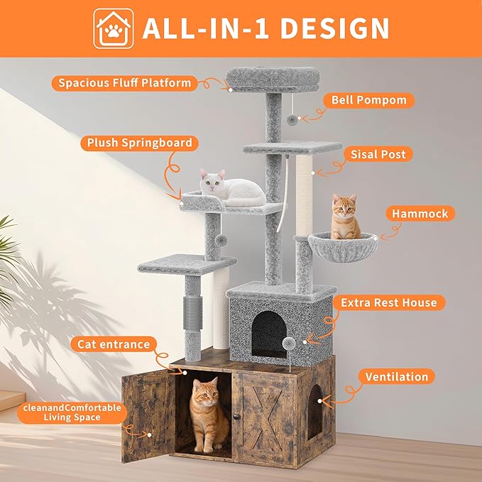 Cat Tree with Litter Box Enclosure Large, Multilevel Cat Play House with Large Condo, Spacious Hammock, Cozy Top Perch,Scratching Post and Dangling Balls