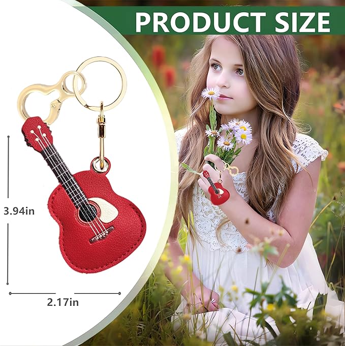 Leather Keychain Holder Case Compatible with AirTag,Cute Protective Cover with Keyring,Anti-Scratch Finder GPS Tracker Case for Wallet Keys,Bag,Pets,Backpack(Guitar Red)