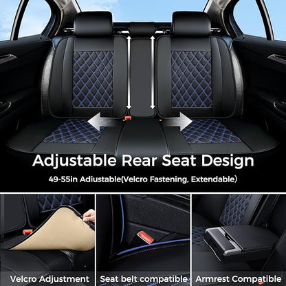 Huidasource Seat Covers Full Set, Nappa Leather Seat Cover, Hollowed-Out Side Compatible with Airbags Child Seat, Velcro Adjustable Universal Fit for Most Cars Vans Trucks SUVs (Full Set/Black＆Blue)