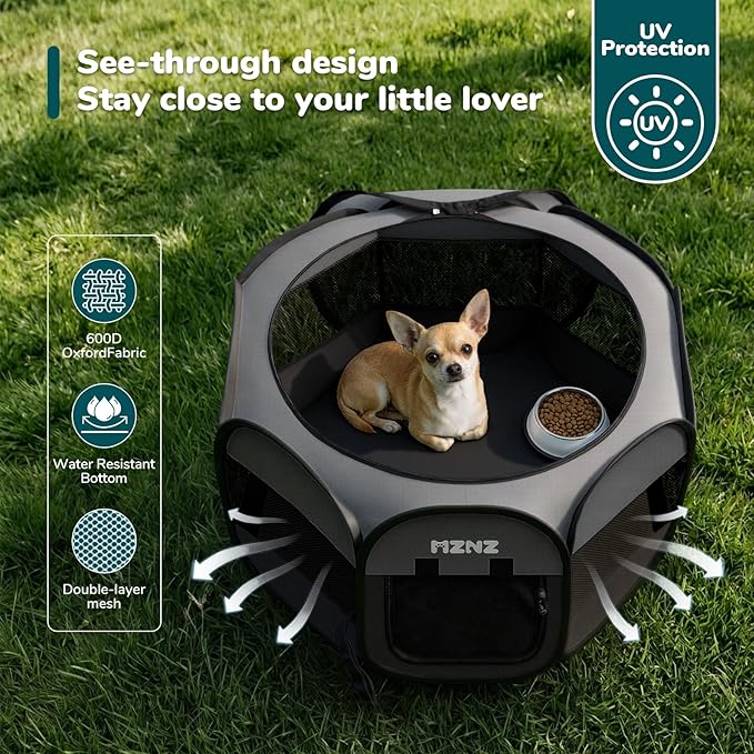 Pet carrier with a dog inside on grass, featuring UV protection and MZNZ branding.