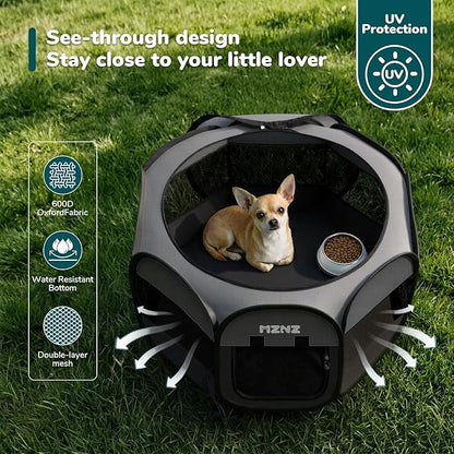 Pet carrier with a dog inside on grass, featuring UV protection and MZNZ branding.