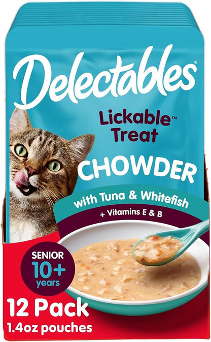 Delectables Lickable Treat Chowder Senior 10+ Wet Cat Treat with Real Tuna & Whitefish, Food Topper, Hydrating, Grain-Free, No Fillers, By-Products, Added Preservatives, 1.4oz Pouch, 12ct