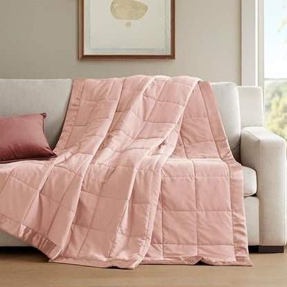 Madison Park Windom Down Alternative Blanket, Premium 3M Scotchgard Moisture Wicking Treatment, Lightweight and Soft Bed Cover For All Season, Satin Trim, Blush Full/Queen