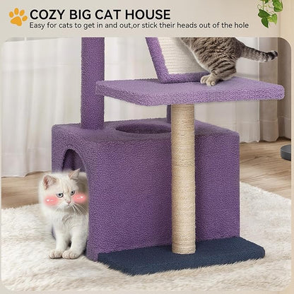 YITAHOME 48.4in Flower Cat Tree Tower with Detachable Perch, Cute Cat Climbing Tower for Indoor Cats with Sisal Scratching Posts and Board, Cat Condo, Purple and White