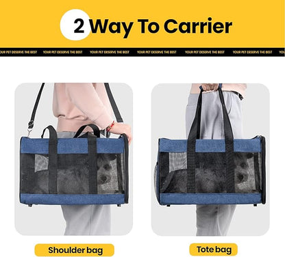 Conlun Cat Carrier Airline Approved, Soft-Sided Dog Carrier with Inner Safety Leash, Pet Transport Carrier for Small-Medium Cats Puppies up to 15 Lbs, Collapsible Travel Kitten Carrier Bag -Blue M