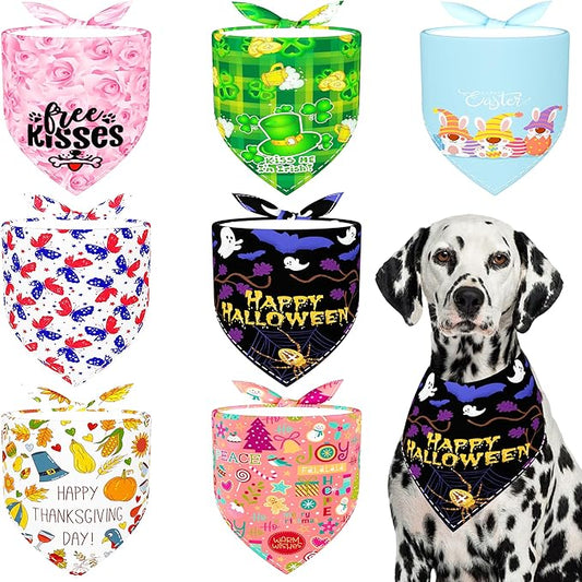 33" Holiday Dog Bandanas for Large Dogs 7 Pcs Sewing Halloween Thanksgiving Christmas Valentines St.Patricks Easter 4th of July Bandana L