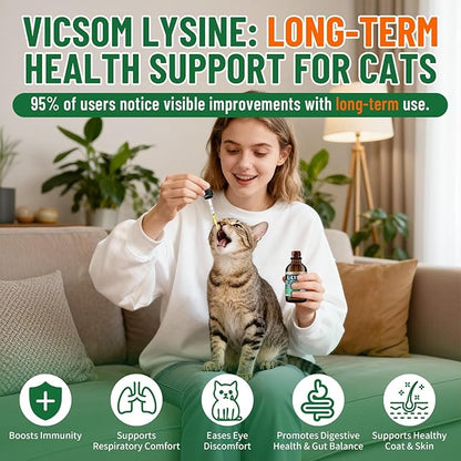 L-Lysine for Cats, Cat Lysine Supplement for Immune Support, Feline Respiratory, Sneezing, Runny Nose, Eye Function, Natural Strengthen Defenses, Chicken Flavor 60 ML