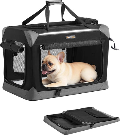 Feandrea Collapsible Dog Crate, Portable Oxford Fabric Pet Travel Crate with 4 Mesh Doors, Handles, Pocket, 24 Inches, for Small Dogs, Ink Black and Dove Gray UPDC026BH01
